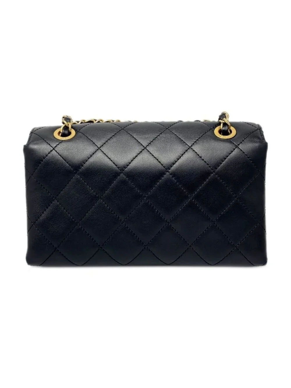 Chanel Shoulder Bag Quilted Logo Chain Black Gold Lambskin